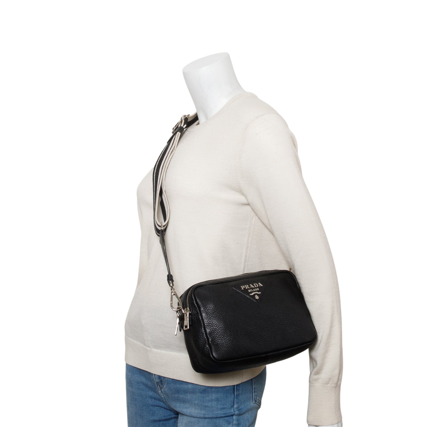 Prada Black Vitello Daino Soft Medium Double Zip Shoulder Bag
