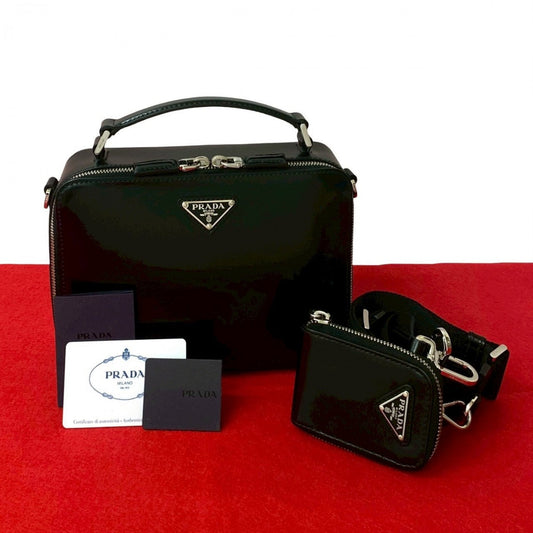 PRADA Shoulder Bag leather black Brick Brush