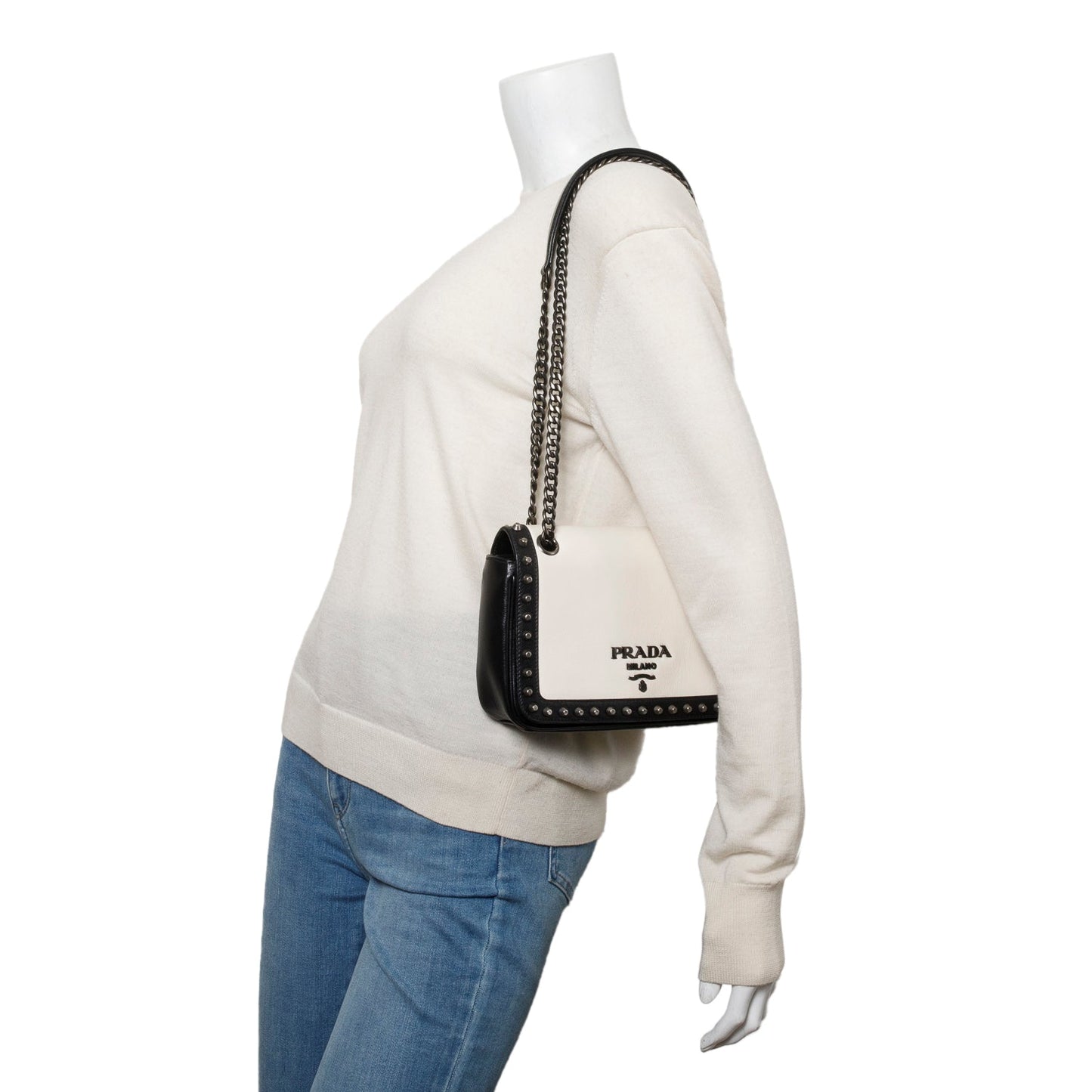 Prada Black/White Glace Calf Leather Studded Camera Crossbody Bag