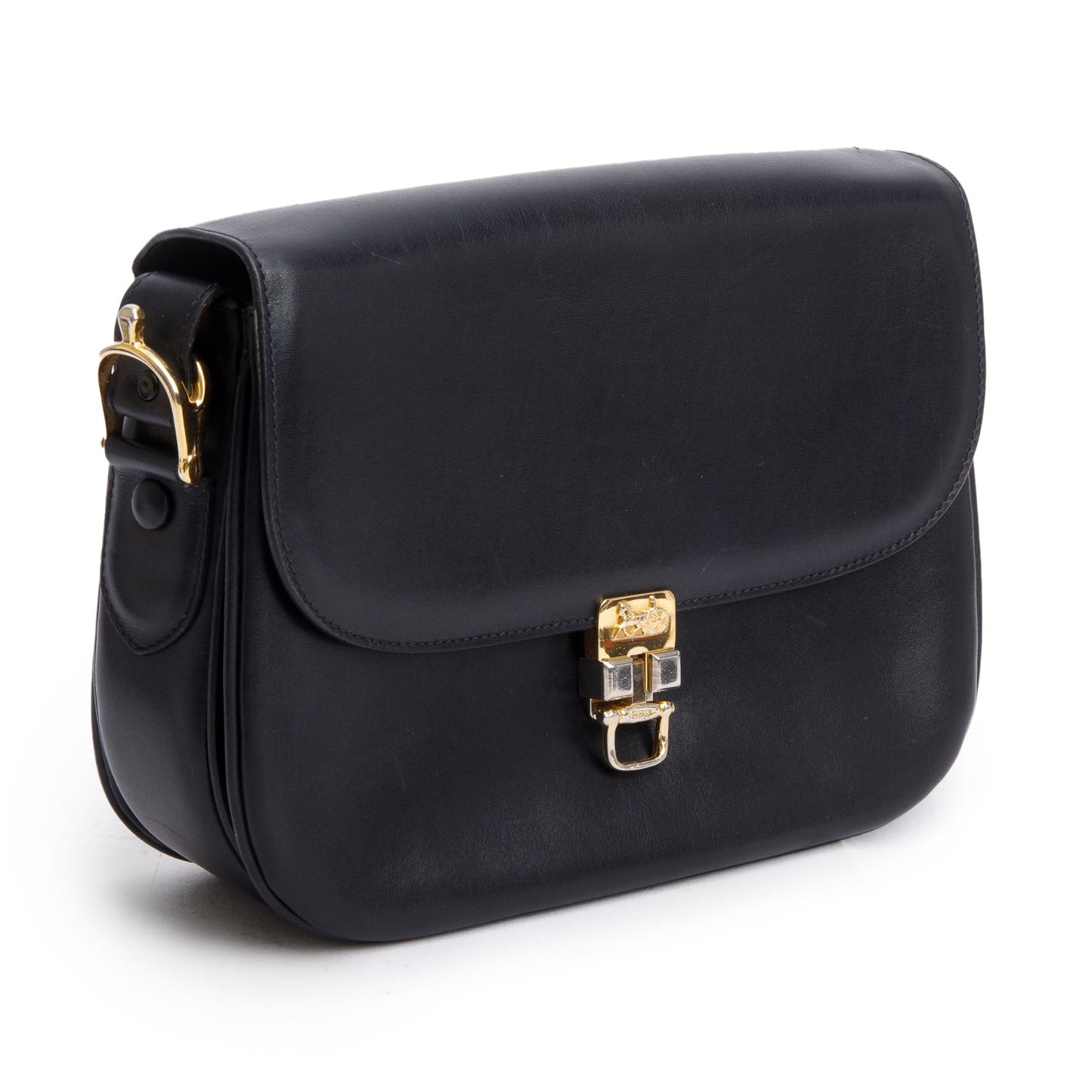 Celine Black Leather Horse Carriage Shoulder Bag