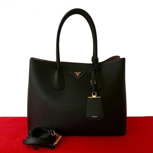 PRADA Shoulder Bag leather black Saffiano Cuir Double