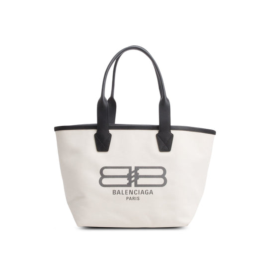 Balenciaga White Cotton Canvas Calfskin BB Logo Jumbo Small Tote