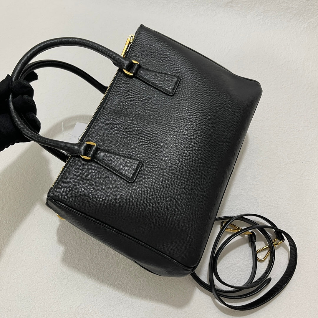 Prada Galleria Saffiano Leather Small Black Handbag with Strap - Style 2