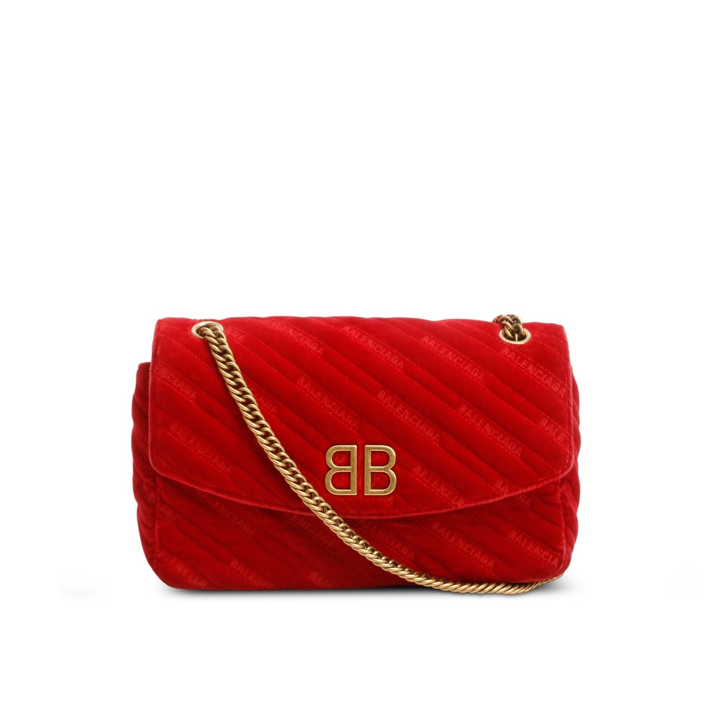 Balenciaga Red Velvet Logo Matelasse BB Chain Shoulder Bag