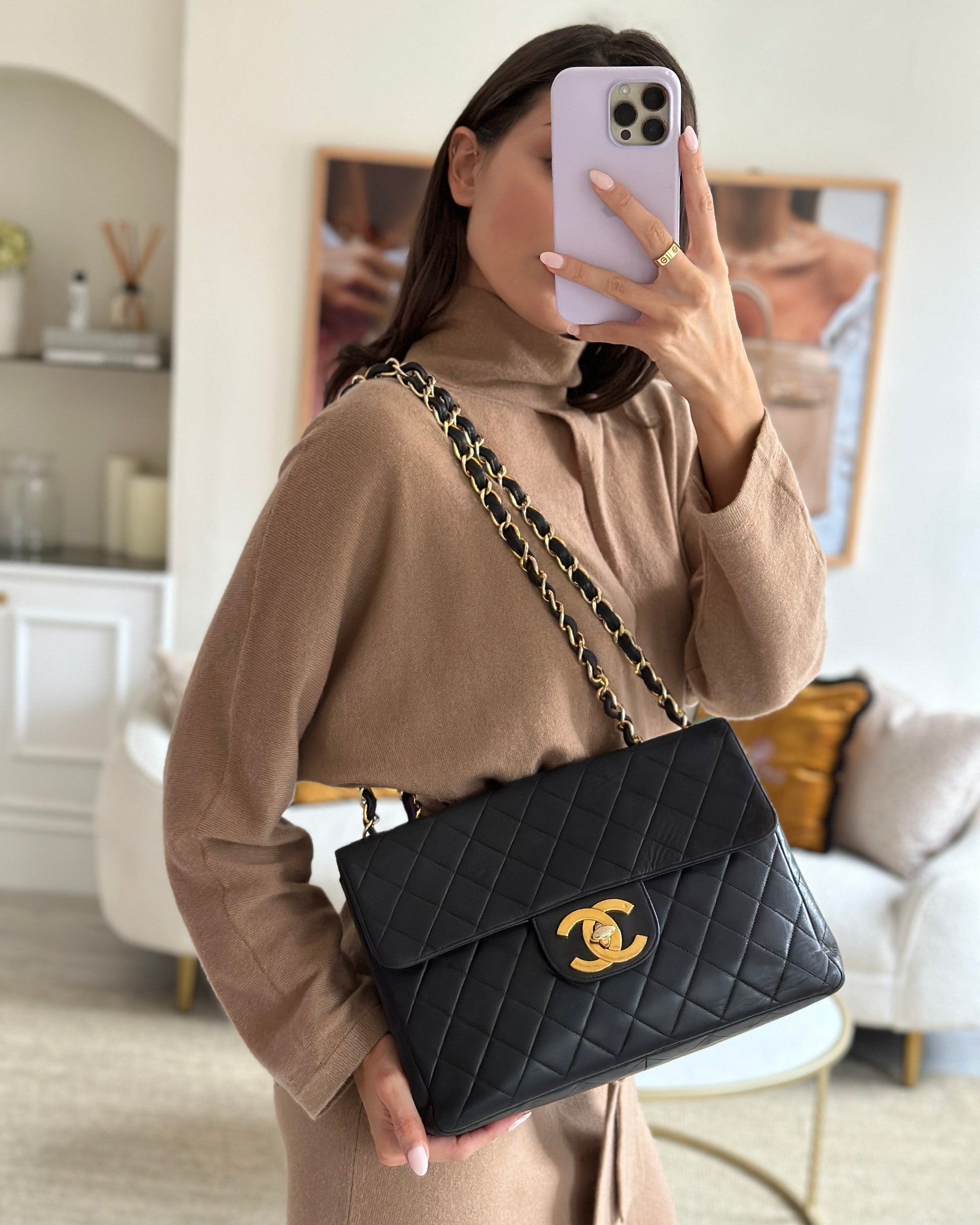 Chanel Black Maxi Mademoiselle Single Flap Bag in Lambskin with 24K Gold Hardware