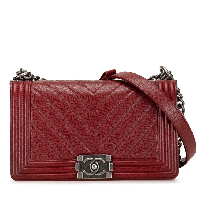 Chanel Boy Chanel 25 V Stitch Chain Shoulder Bag Wine Red Caviar S Chanel