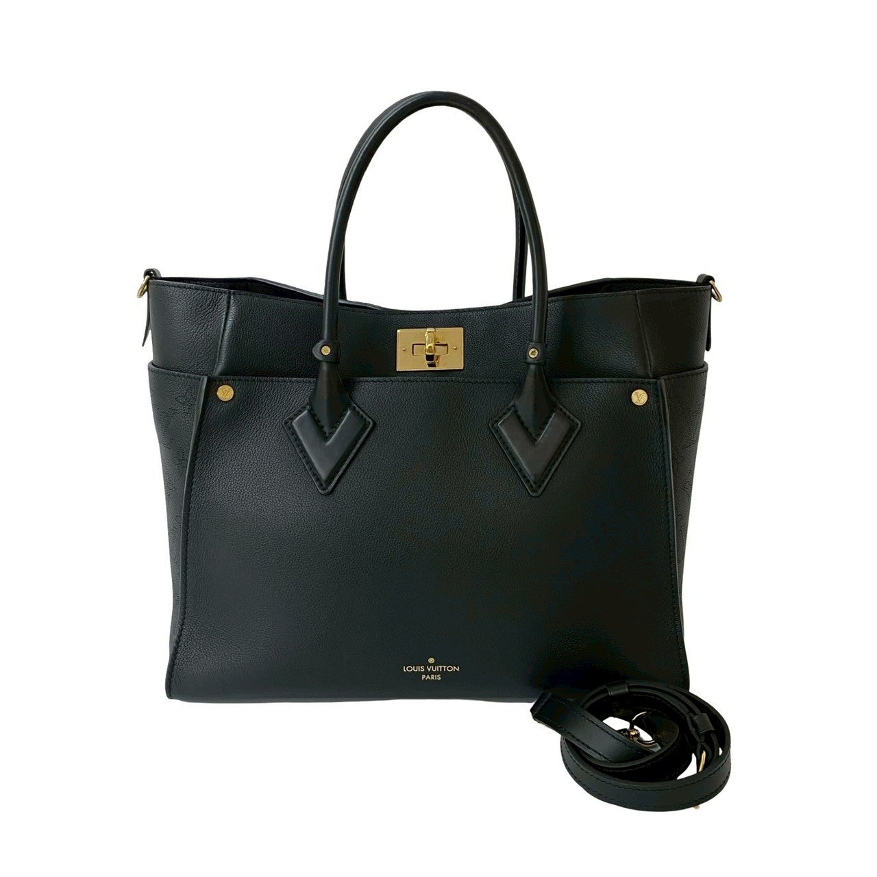 LOUIS VUITTON Shoulder Bag leather black Monogram Mahina On My Side GM