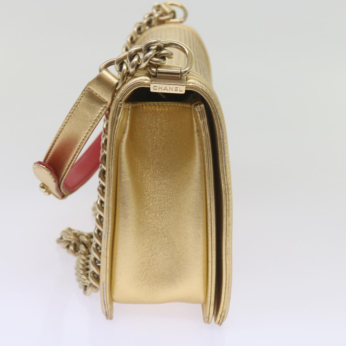 CHANEL Boy Chain Shoulder Bag Leather Gold CC Auth 67371A