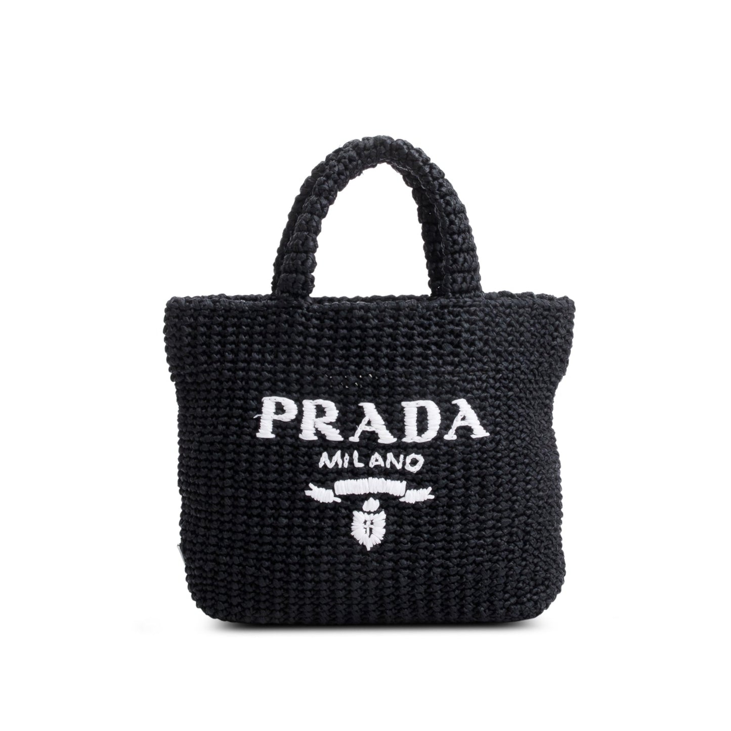 Prada Black Yarn Raffia Effect Crochet Small Logo Tote