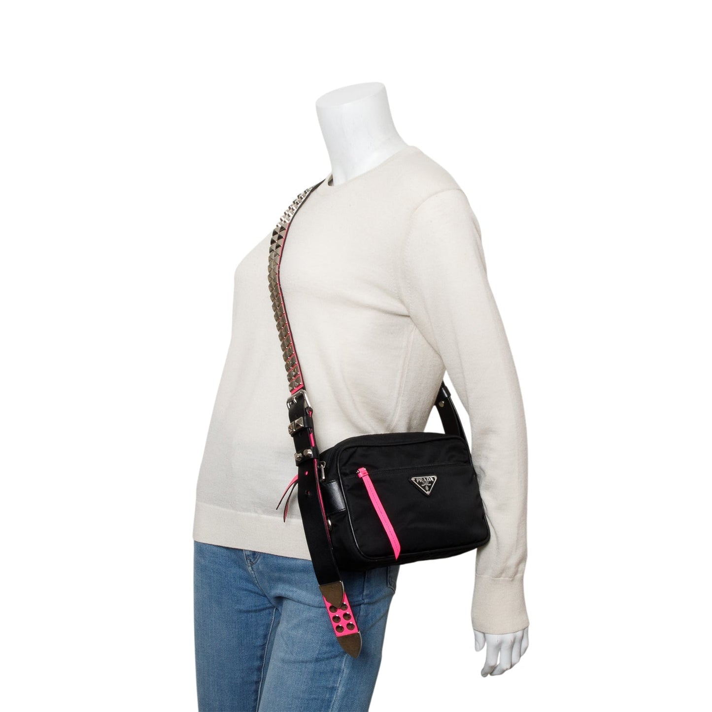 Prada Black Tessuto Nylon Studded New Vela Shoulder Bag