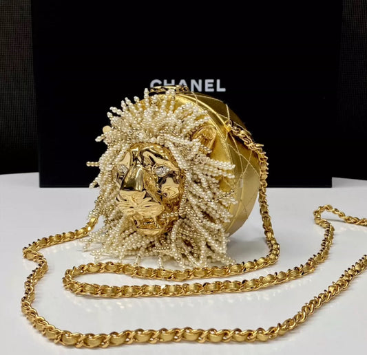 CHANEL 23A LION HEAD PEARL & LEATHER EVENING BAG