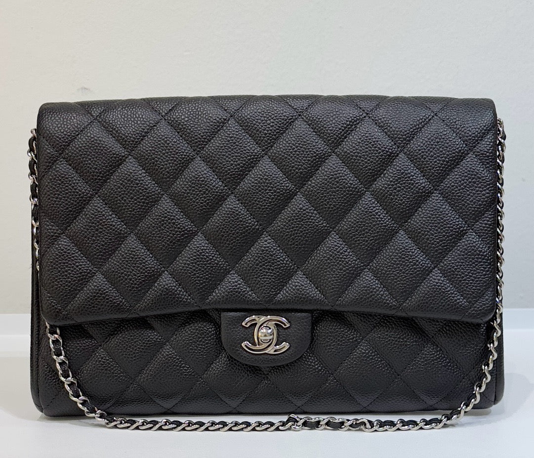 Chanel Black Quilted Caviar Leather Chain Flap Clutch Bag recolor red to black 1799 holo