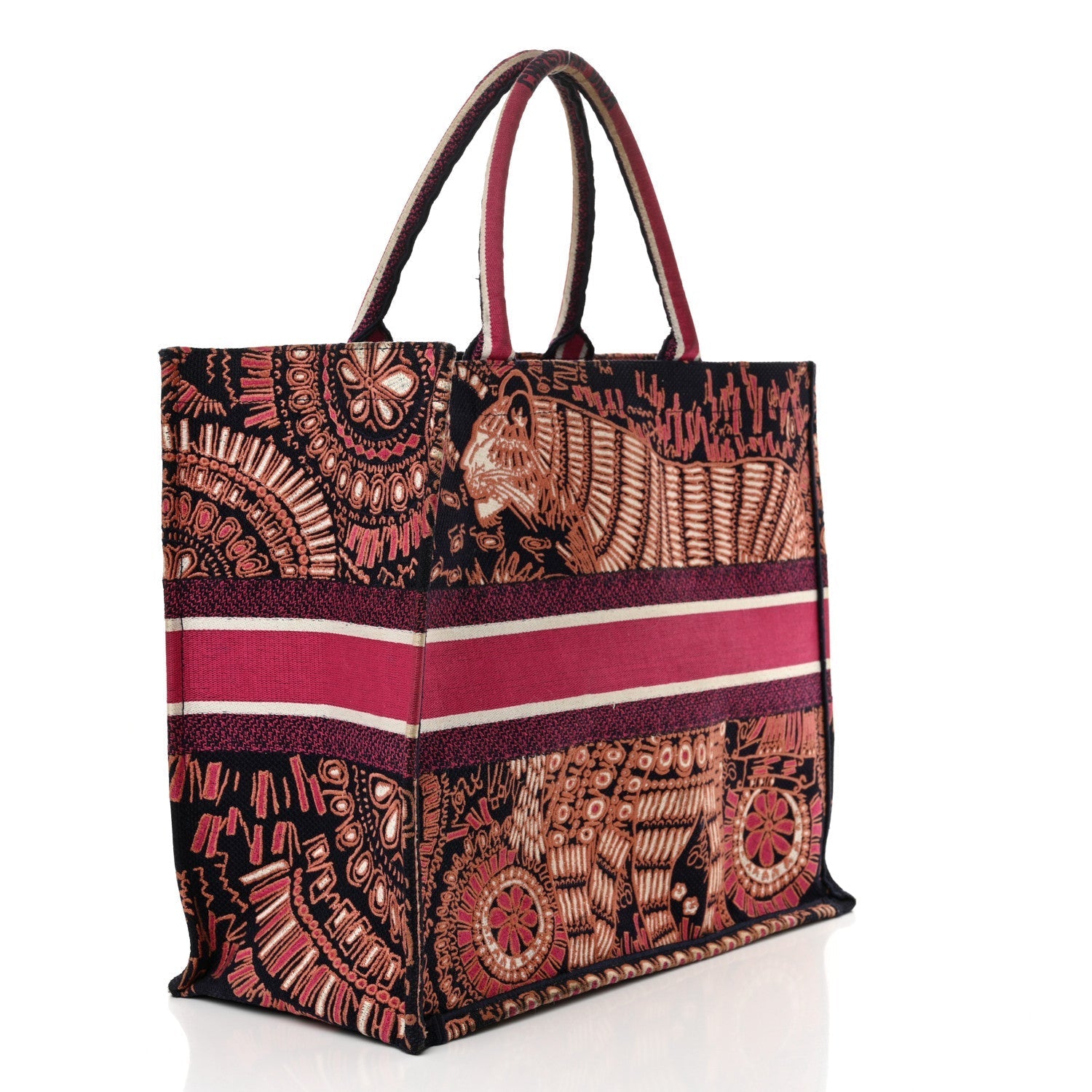 Christian Dior Canvas Embroidered Dior Animals Tiger Book Tote Deep Blue Fuchsia