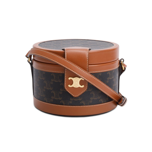 Celine 2020 Brown Calfskin Triomphe Canvas Medium Tambour Bag