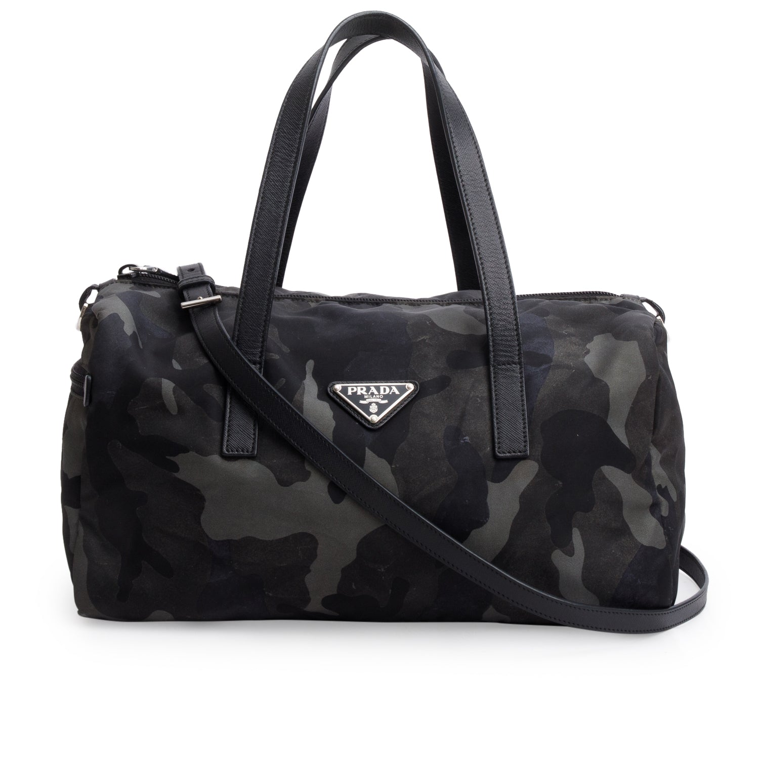 Prada Black Nylon Convertible Camouflage Small Boston Bag