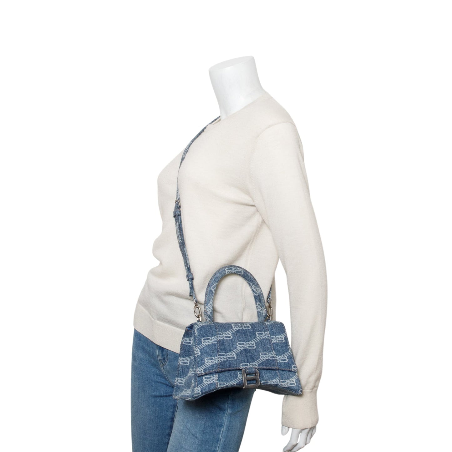 Balenciaga Blue BB Monogram Denim Small Hourglass Top Handle Bag