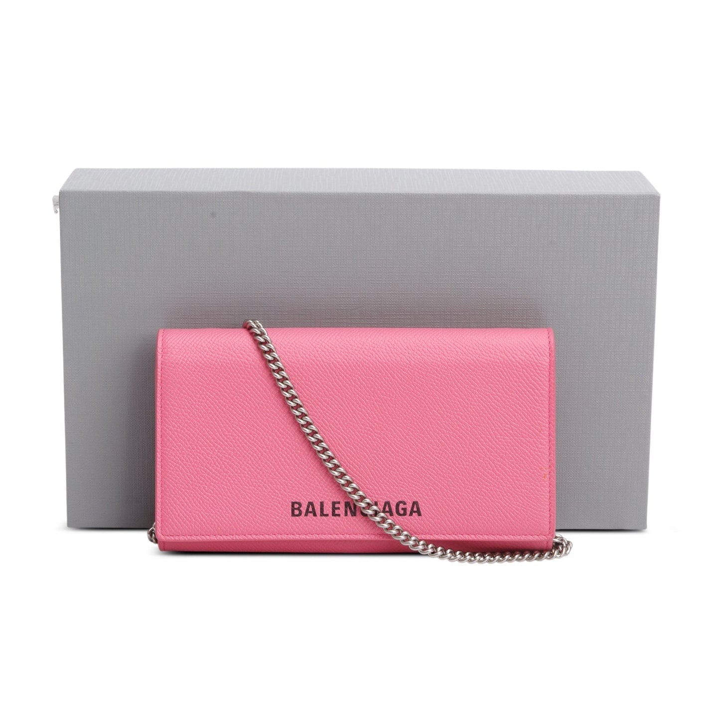 Balenciaga Pink Pebbled Calfskin Logo Everyday Flap Chain Wallet