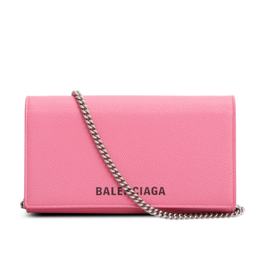 Balenciaga Pink Pebbled Calfskin Logo Everyday Flap Chain Wallet