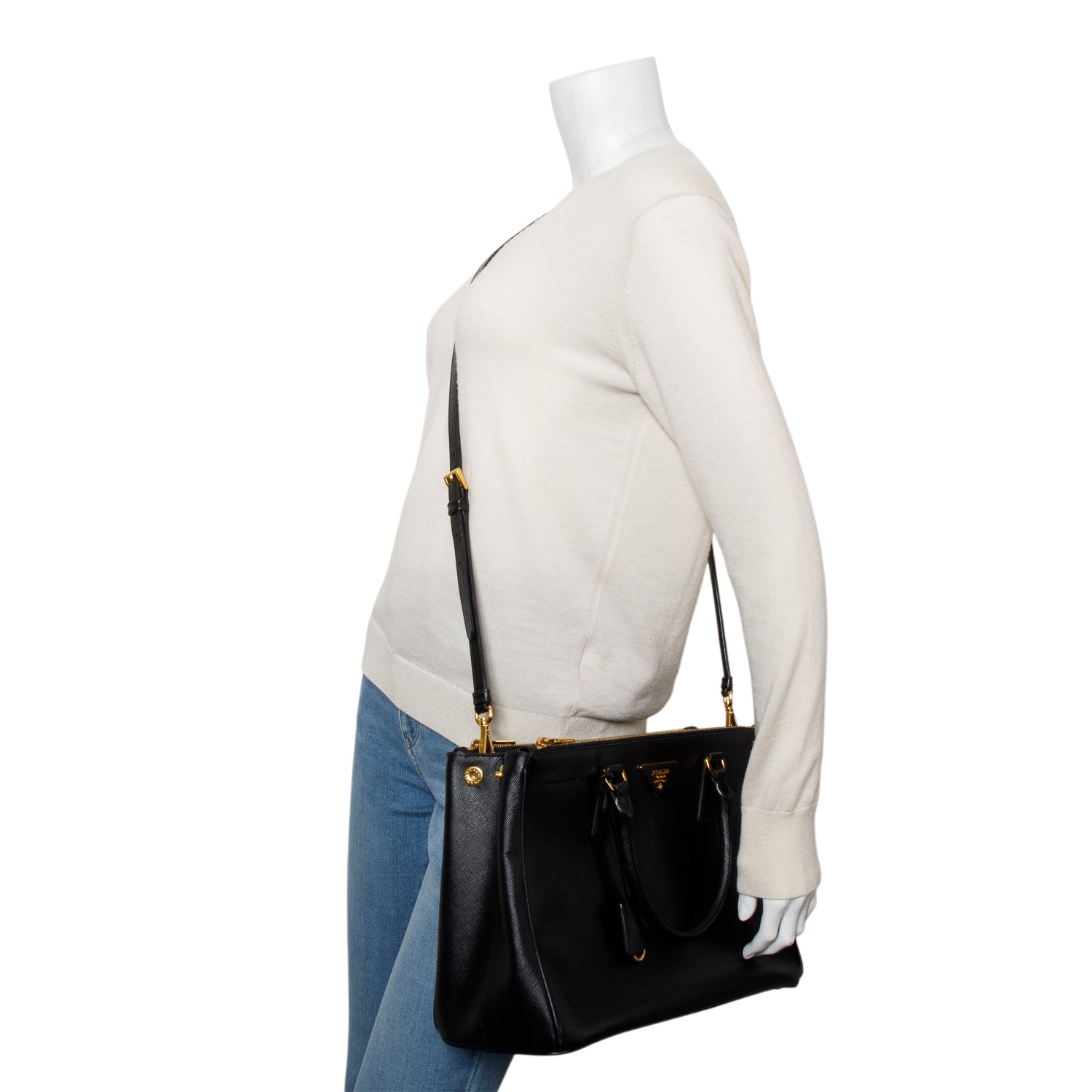 Prada Black Saffiano Lux Medium Double Zip Galleria Tote