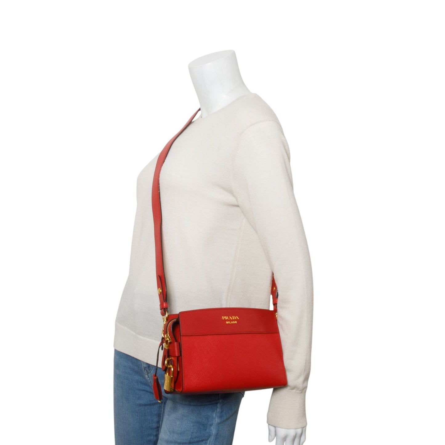 Prada Red Saffiano City Calfskin Esplanade Small Shoulder Bag