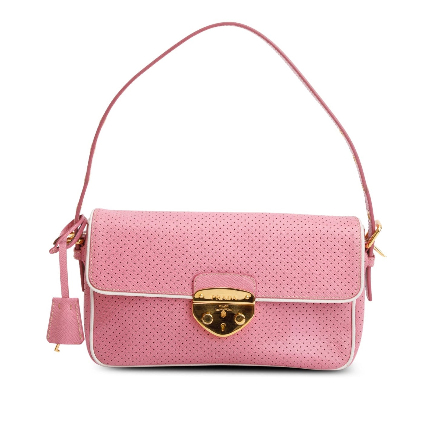 Prada Pink Perforated Saffiano Leather Fori Baguette Bag