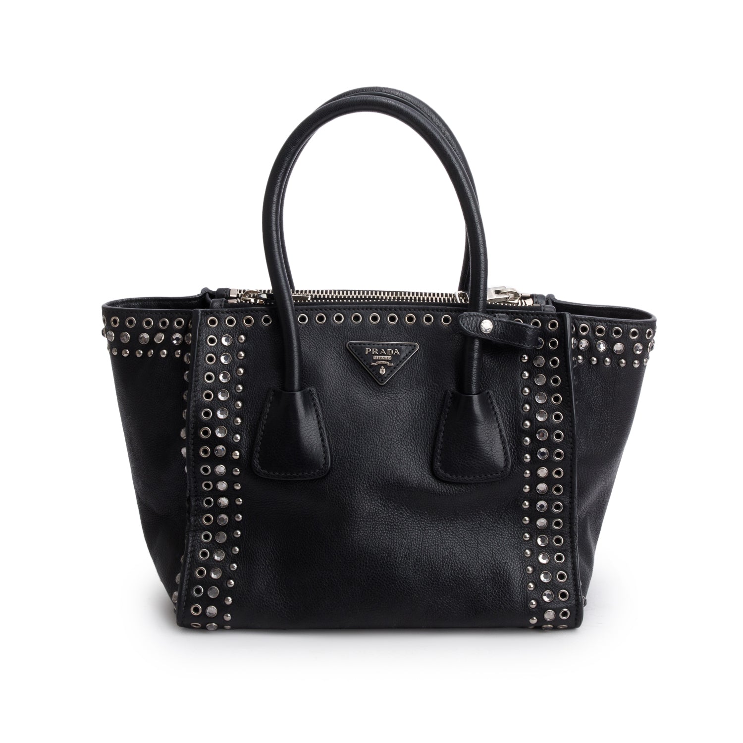 Prada Black Glace Calf Studded Twin Pocket Tote