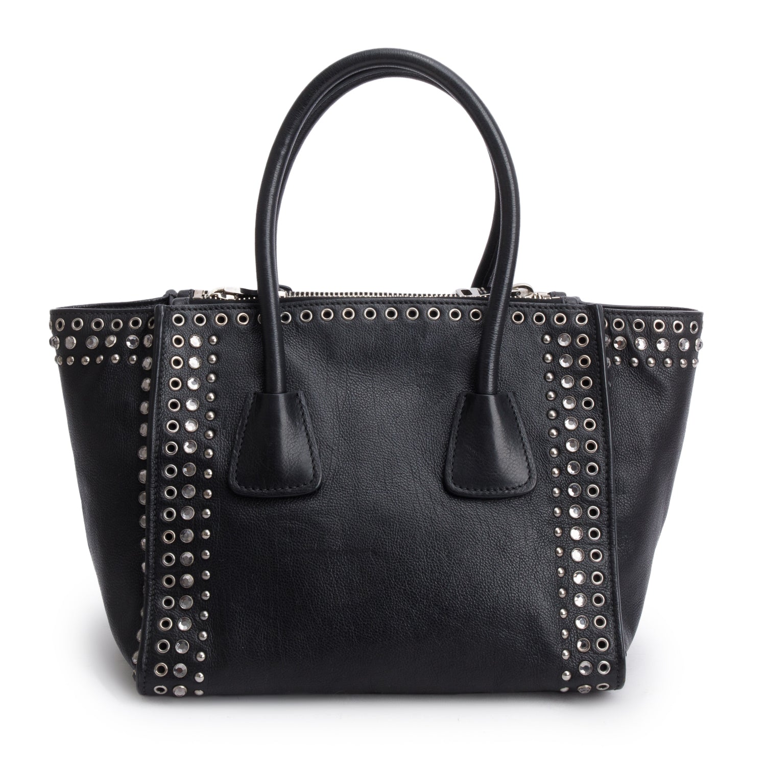 Prada Black Glace Calf Studded Twin Pocket Tote