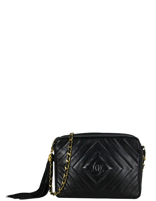 Chanel Black Lambskin Leather Diamond Quilted Camera Bag