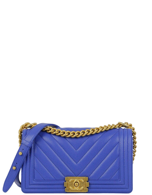 Chanel Cobalt Caviar Chevron Quilted Medium Boy Bag