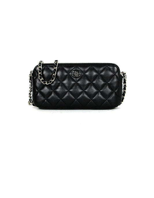Chanel Black Lambskin Quilted Leather Classic Clutch with Chain