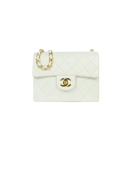 Chanel White Lambskin Leather Quilted Square Mini Flap Classic Bag