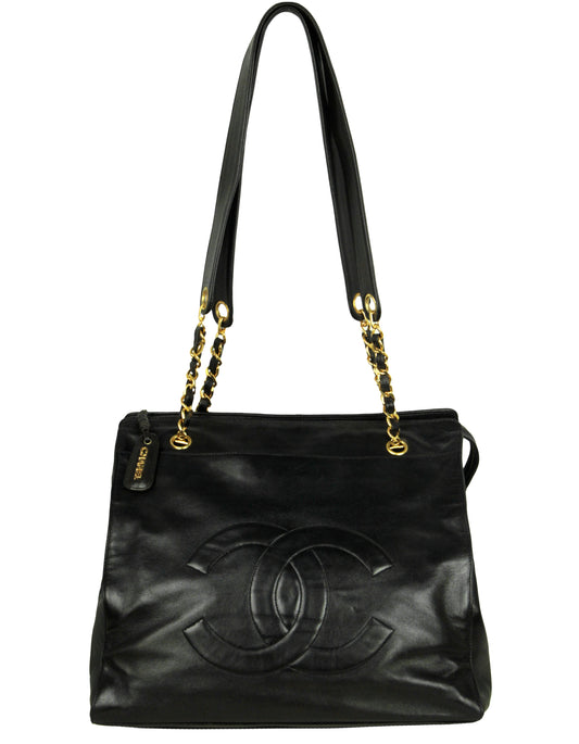 Chanel Black Lambskin Leather CC Logo Tote Bag