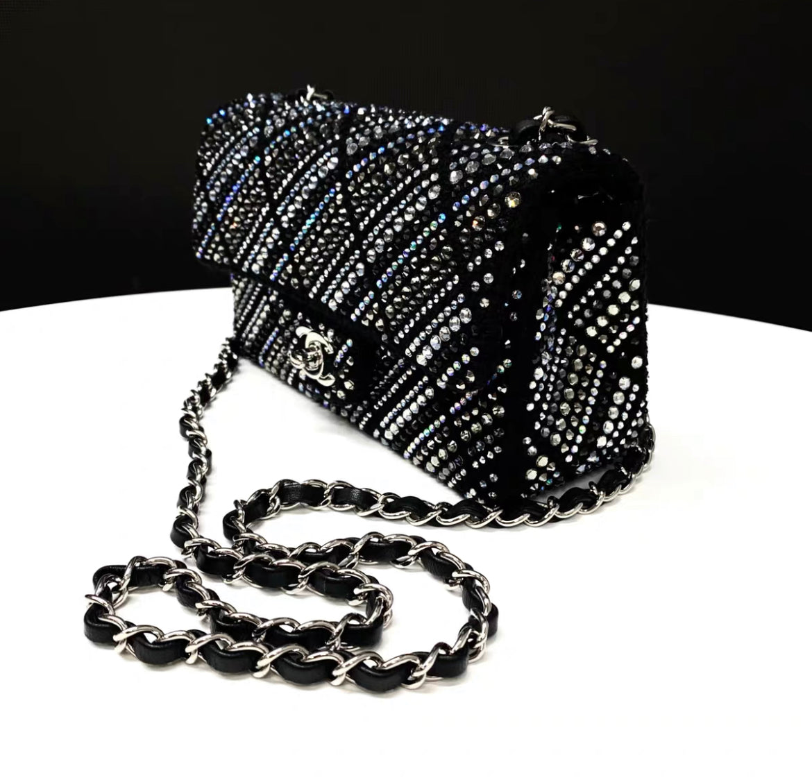 CHANEL 22A tweed, diamantÃ©s & silver metal black classic handbag
