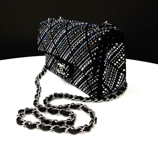 CHANEL 22A tweed, diamantÃ©s & silver metal black classic handbag
