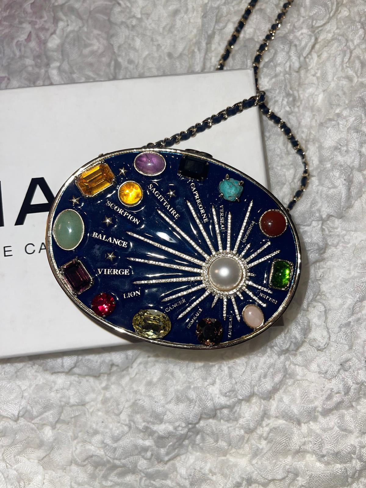 CHANEL Horoscope Navy Blue Metal Gripoix Gold Crystal Small Mini MinaudiÃ¨re Bag