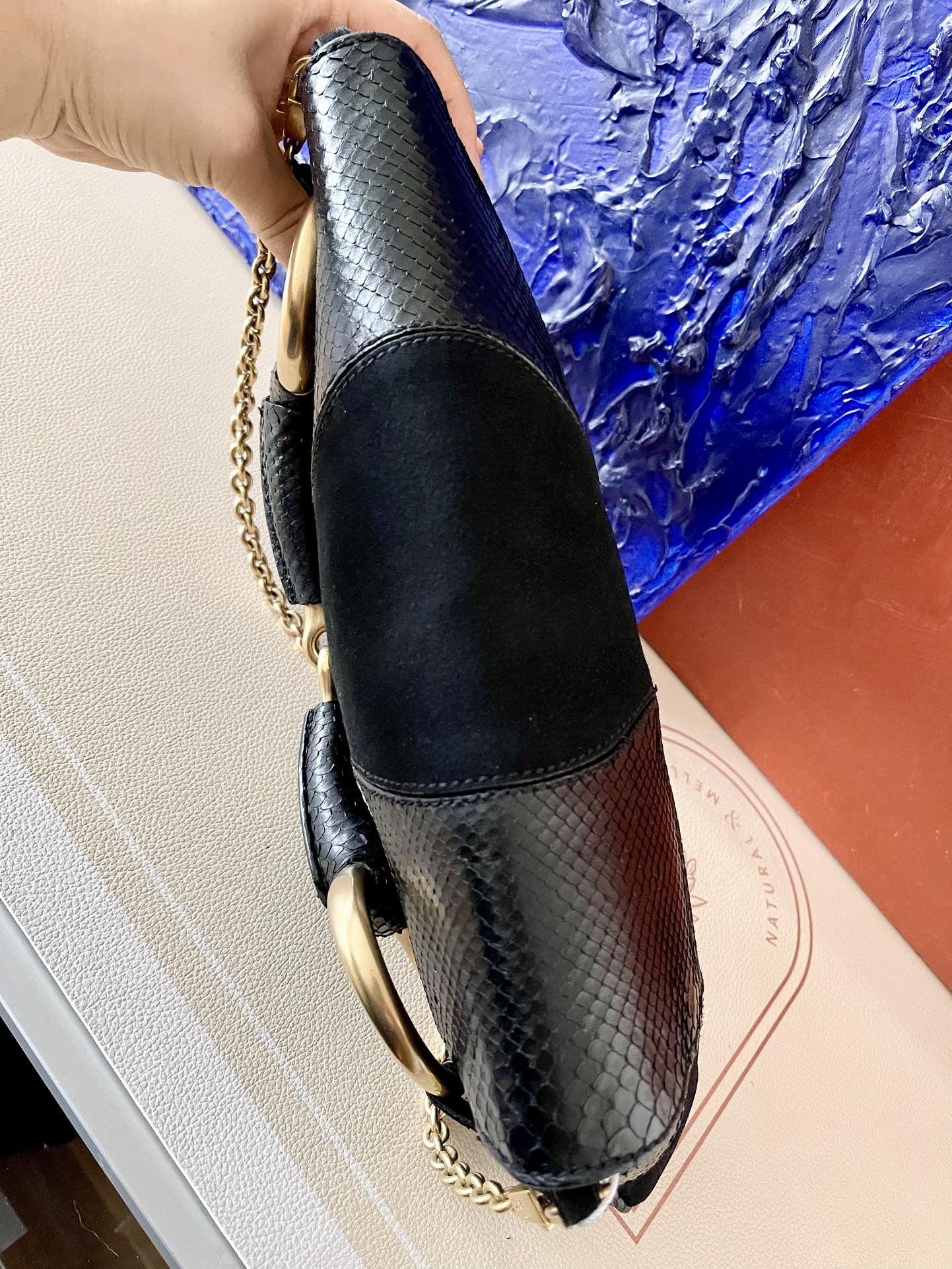 Gucci Horsebit 1955 Large Black Suede and Python-skin Leather Shoulder Bag