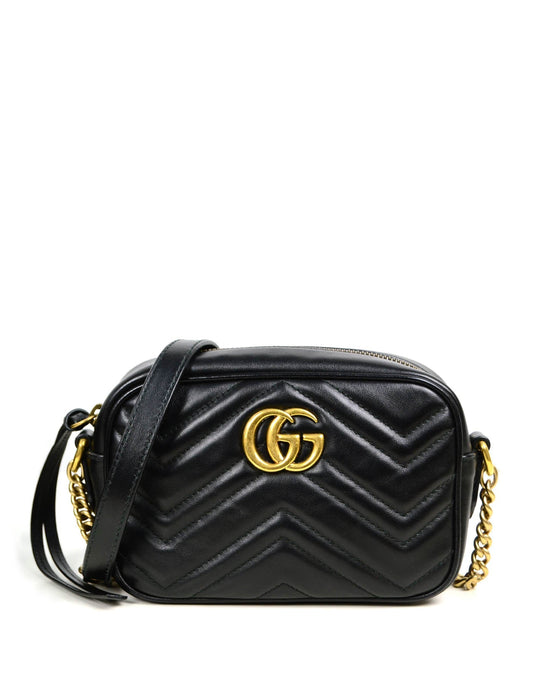 Gucci Black Calfskin Matelasse Mini GG Marmont Crossbody Bag