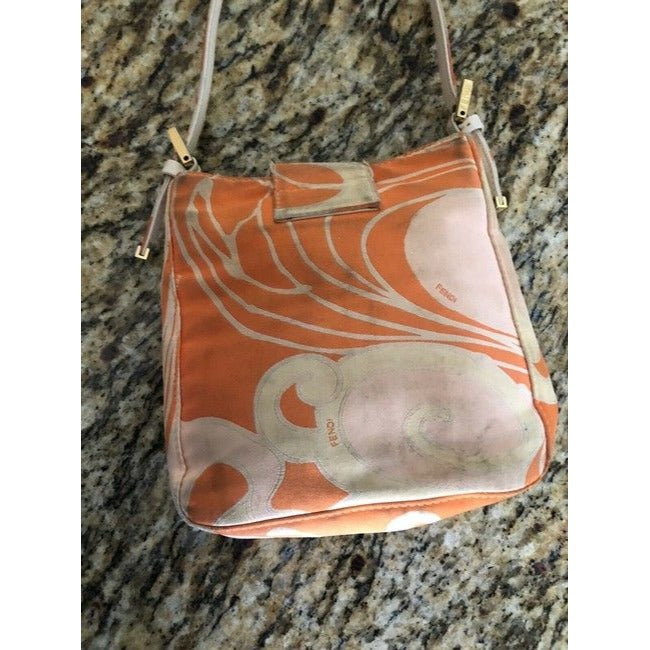 Limited Edition, Fendi abstract orange & pink print silk & leather double flap top baguette