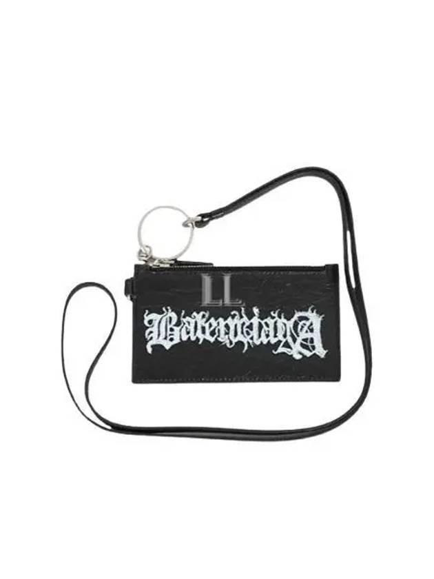 Luxury Balenciaga Trending 2026 Logo Print Neck Strap Leather Card Wallet Black