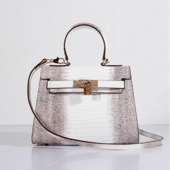 Luxury Hermes Kelly 25cm Lizard Leather Bag Grey White Gold