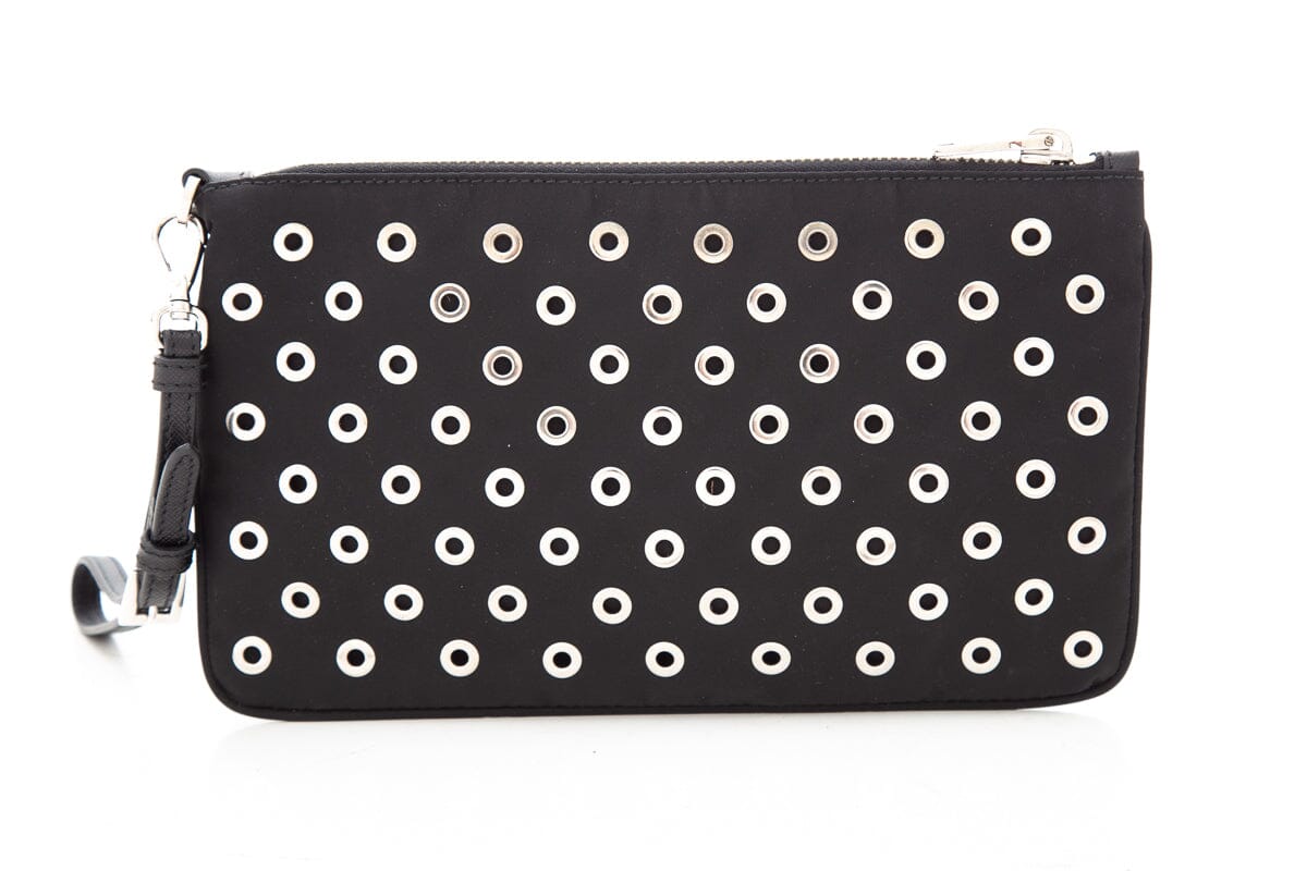 Prada Black & Silver Grommet Studded Pouch Luxury Handbag