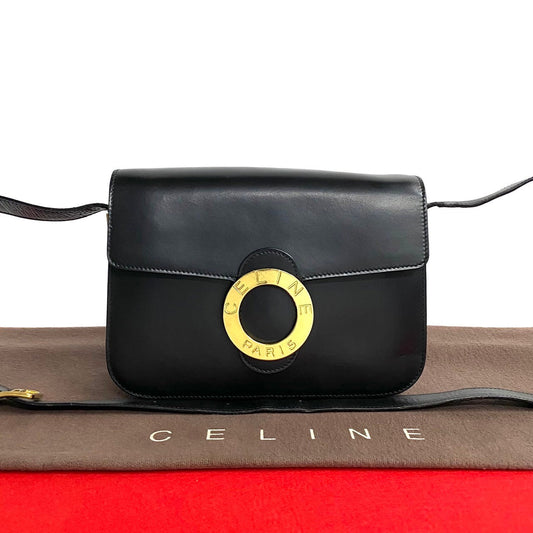 CELINE Shoulder Bag leather black Circle logo Metal Women