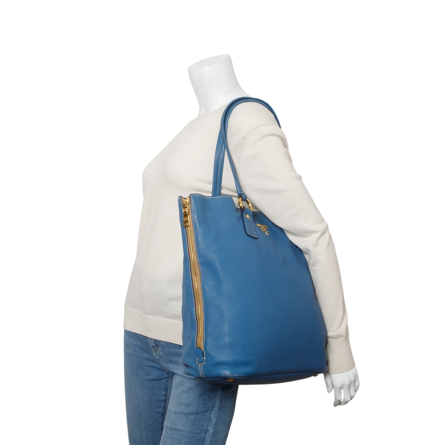 Prada Blue Vitello Daino Size Zip Tote