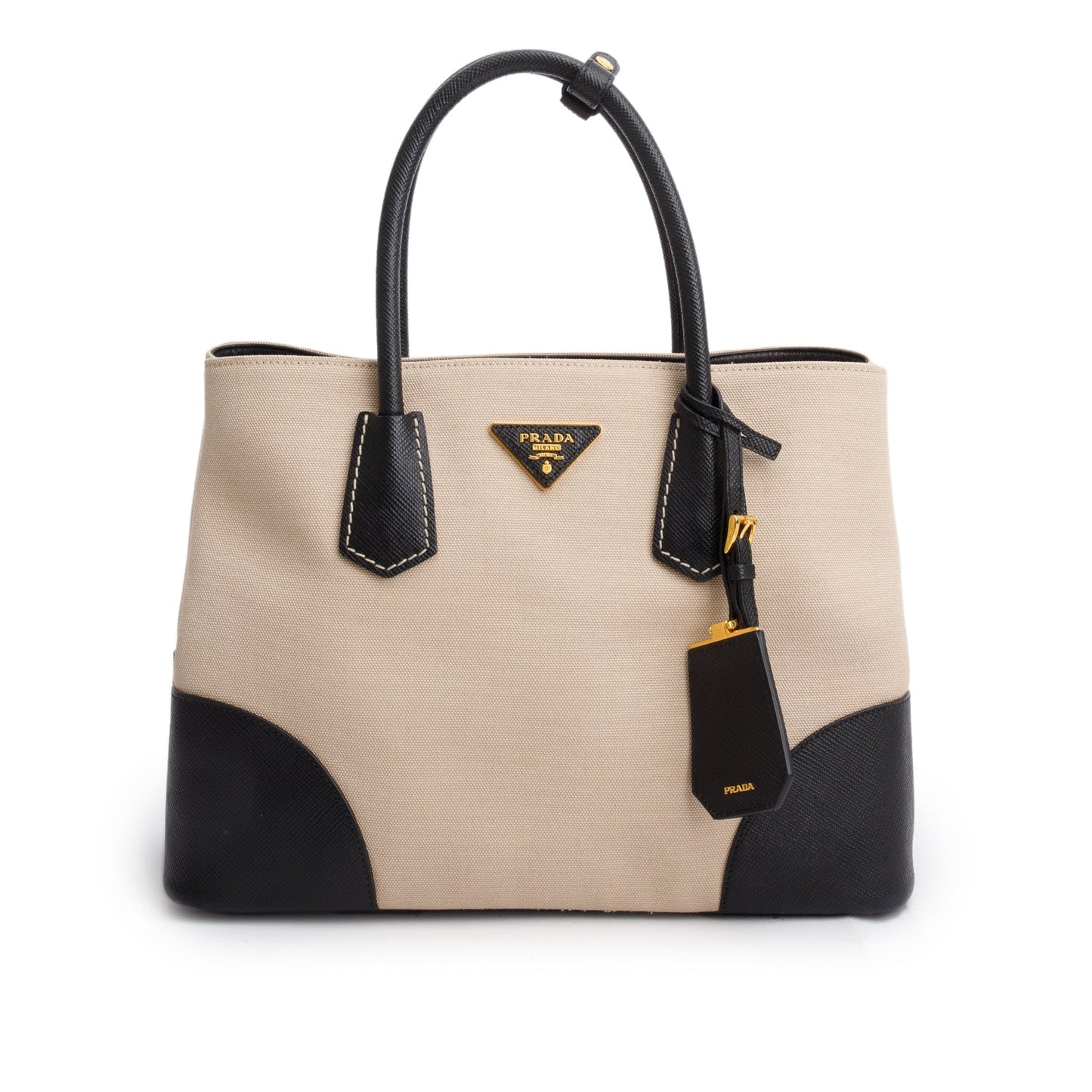 Prada Black Saffiano Lux and Beige Canapa Medium Galleria Tote