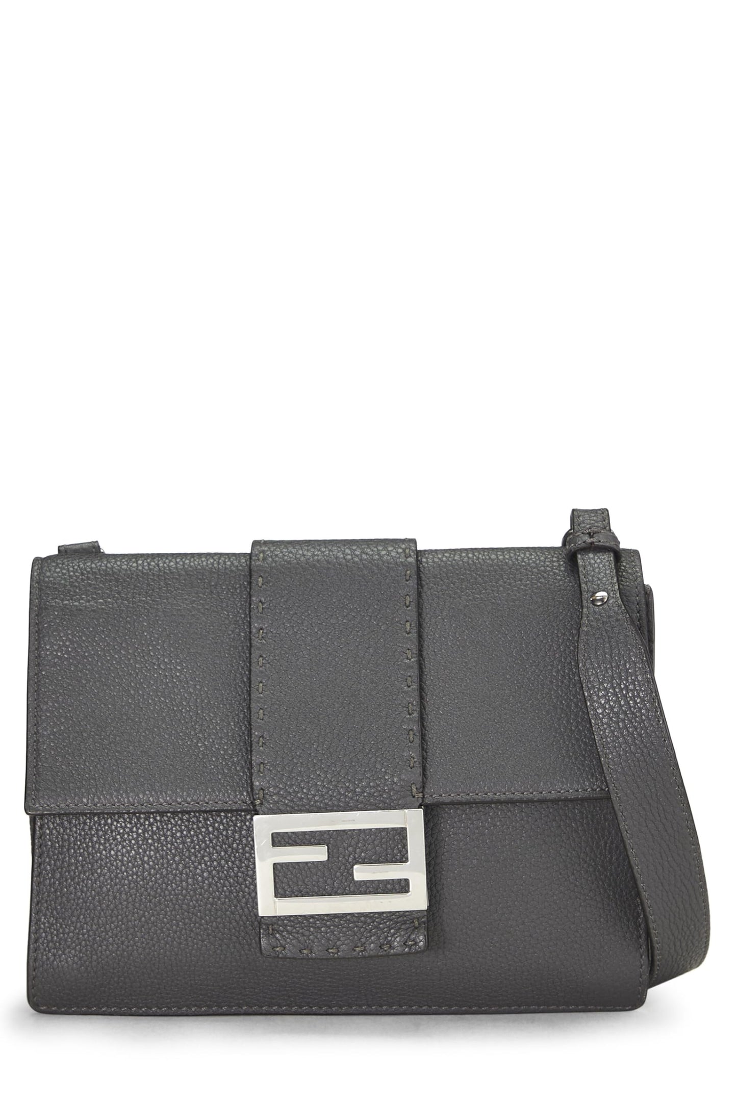 Fendi, Grey Leather Flat Baguette Bag Medium, Grey