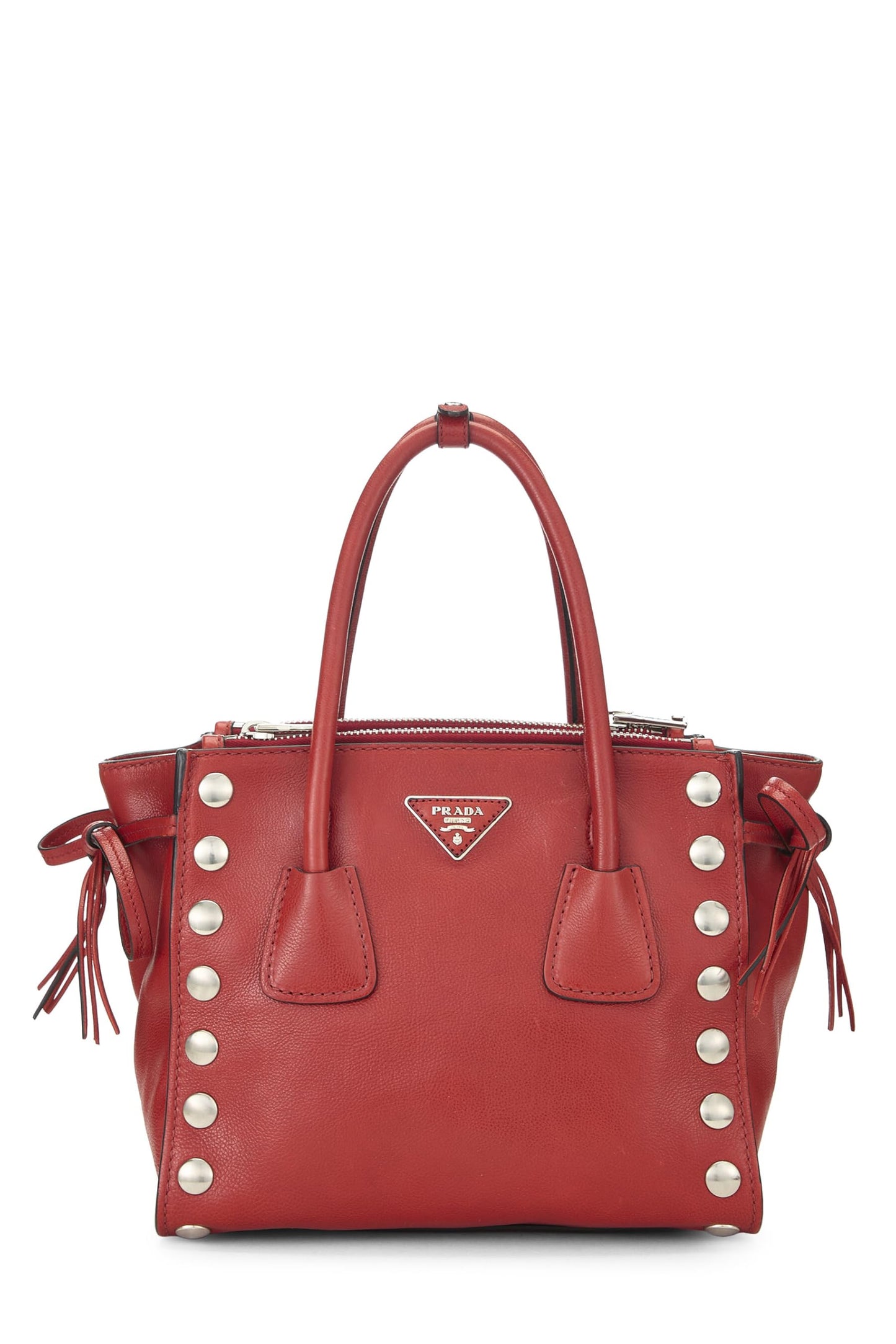Prada, Red Calfskin Studded Twin Pocket Tote, Red