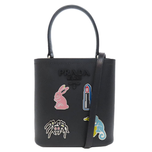 PRADA Handbag Safiano black Pin Badge Rabbit Lip 2WAY