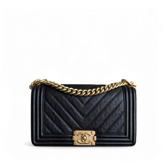 Chanel Boy Medium - Caviar 25CM Chevron Black Gold Hardware