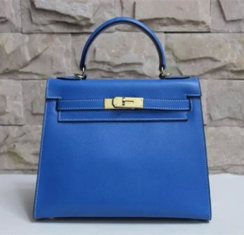 Luxury Hermes Kelly 28cm Epsom Leather Handbag Lake Blue Gold