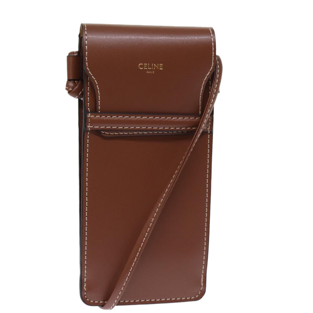 Luxury CELINE Shoulder Pouch Leather Brown 77443